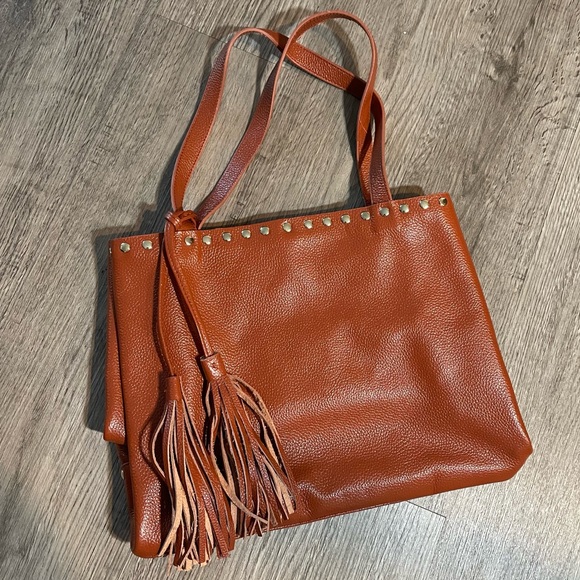 Laggo Handbags - LAGGO Remy Cognac Tan Leather Studded Tassel Tote Bag